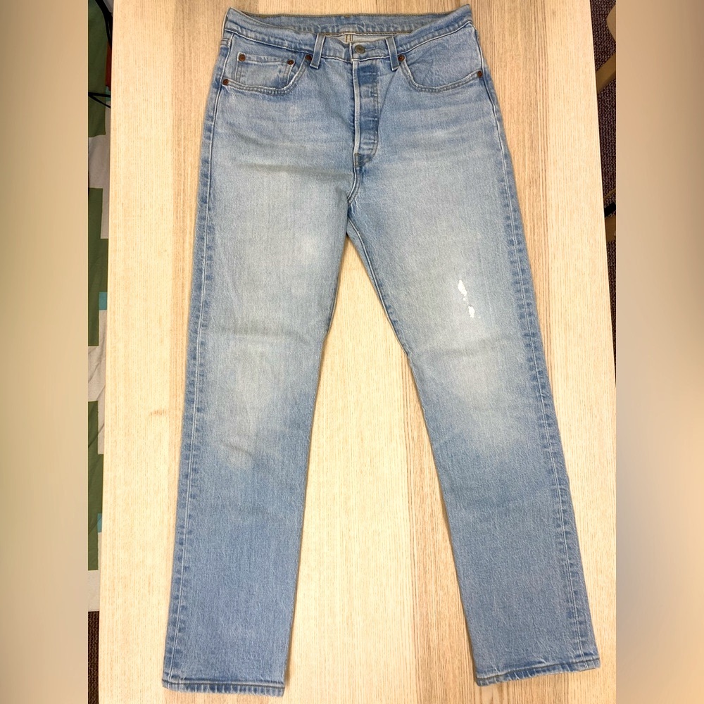 Levi's 501 Button Fly Straight Leg Light Wash Distressed Jeans 30W x 30L